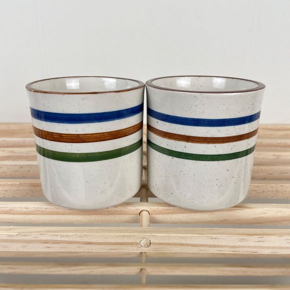 Vintage Set of 2 Chi Kiang Otagiri Striped Stoneware Pottery Coffee Mugs 8 oz - Picture 4 of 6